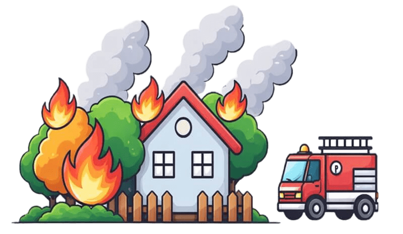 Ilustración de una vivienda y vegetación afectadas por un incendio en la interfaz urbano-forestal, con un camión de bomberos acudiendo a la emergencia